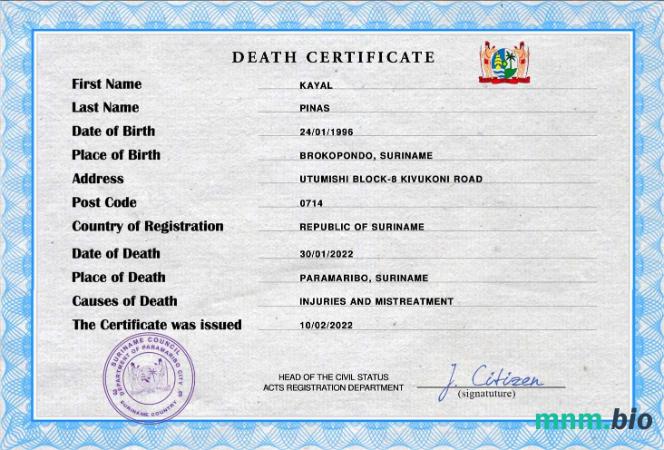 Suriname rekord życiowy śmierć certyfikat PSD szablon